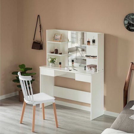 Basicwise White Modern Wooden Dressing Table with Drawer, Mirror and Shelves for The Dining Room, Entryway QI004241L.WT